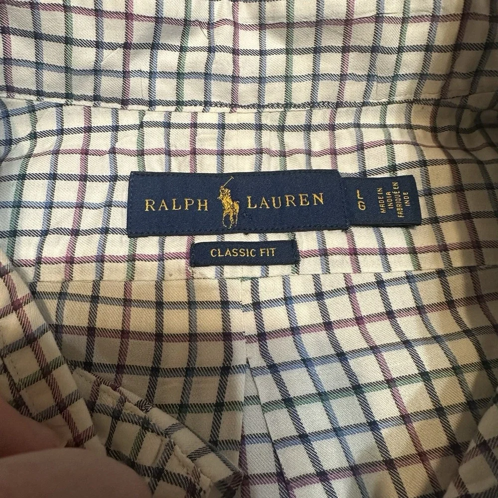 Ralph Lauren Shirt Mens L Cream Plaid Classic Gingham Oxford Check Preppy Casual